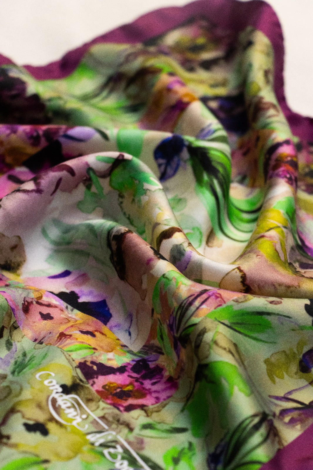 Fularino da collo in Twill di Pura Seta viola e verde