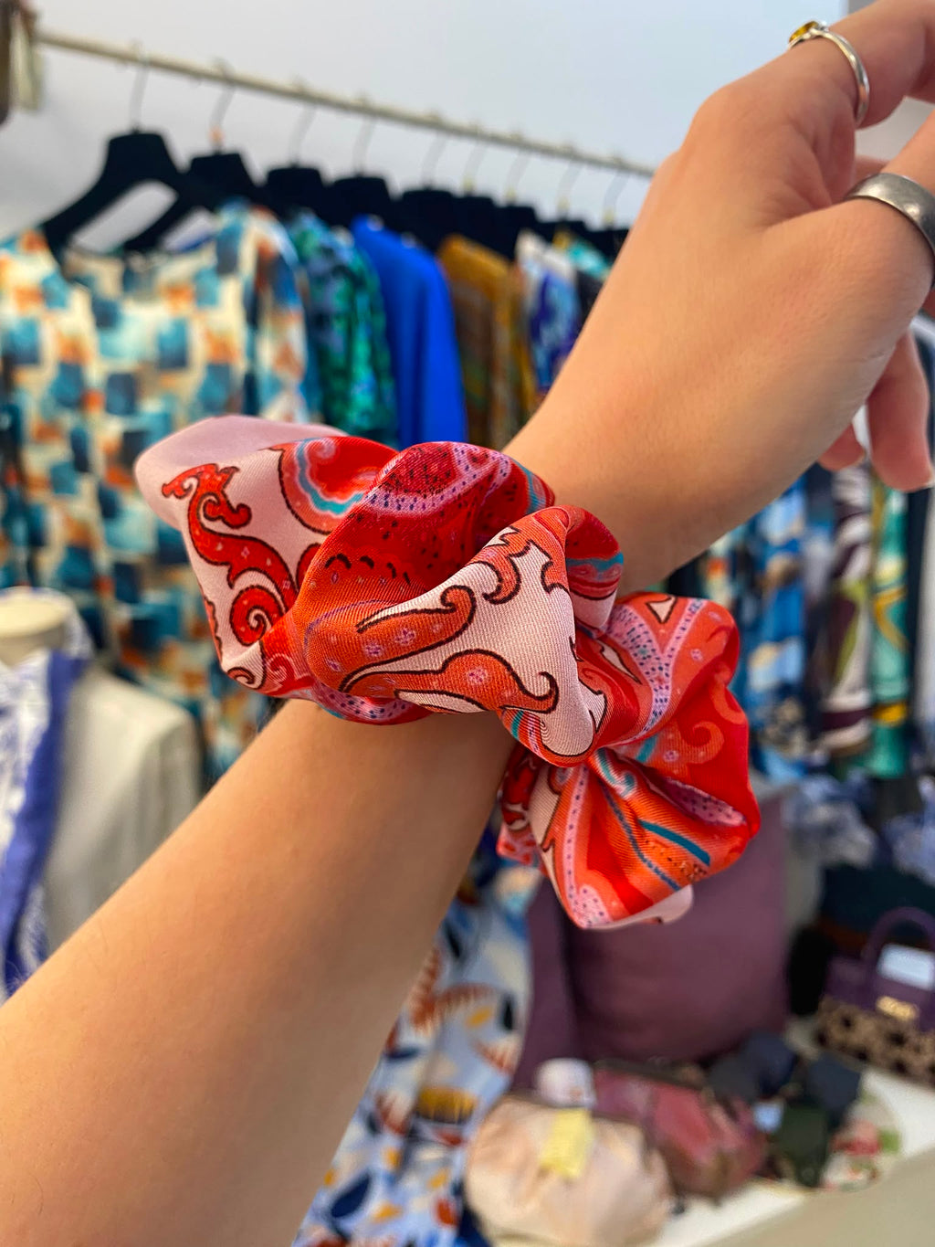 Scrunchies Pura Seta raso disegno cachemire