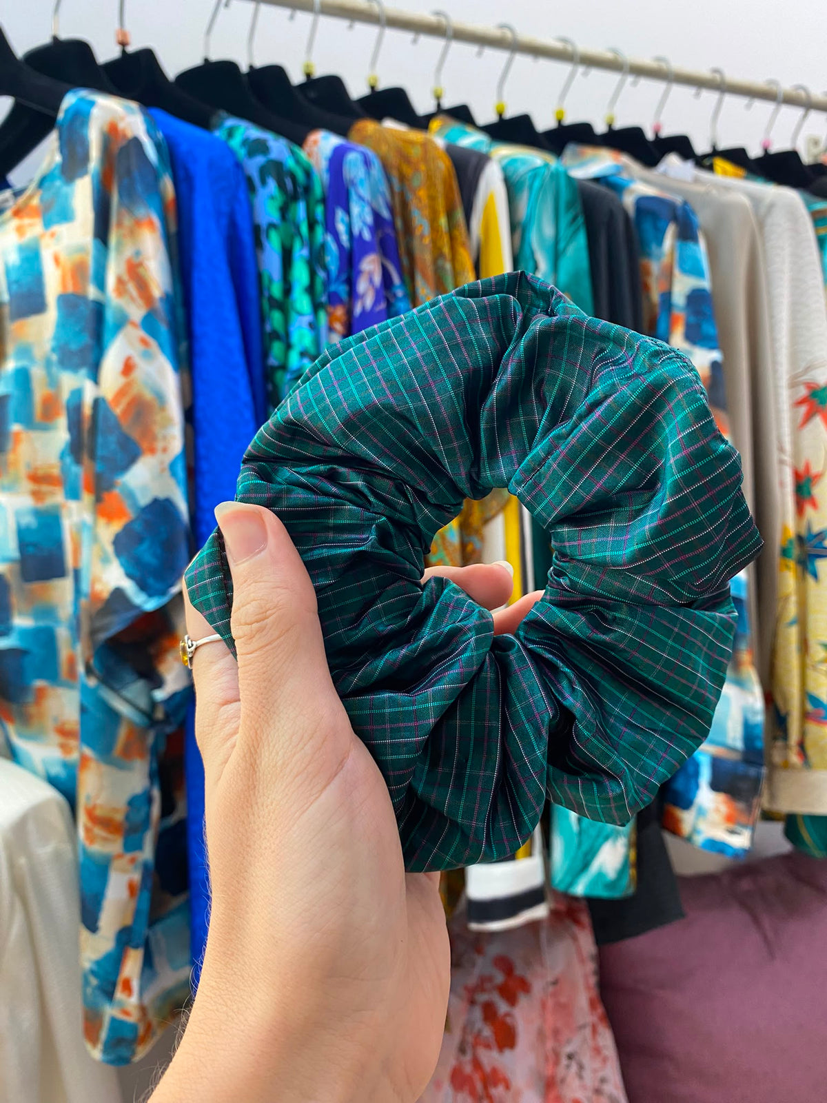 Scrunchies Pura Seta quadretti verdi